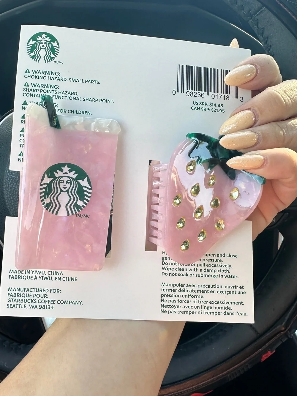 Starbucks Pink Strawberry & Cup Acetate Claw Clips